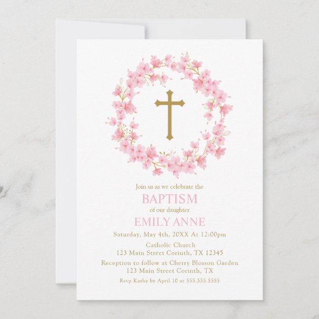 Convites Invitación Baptism Cherry Blossom floral I (Frente)