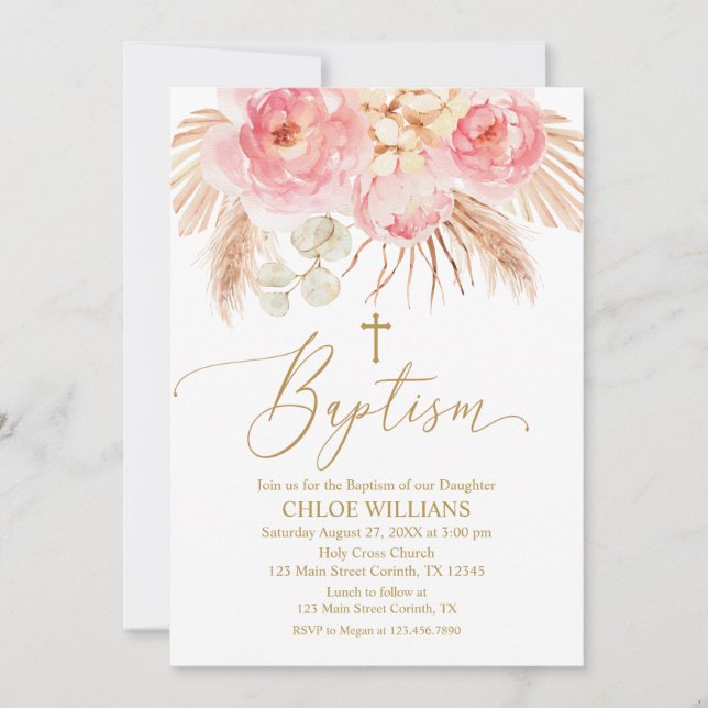 Convites Invitación Baptism Floral pink Boho Pampas Girl In (Frente)