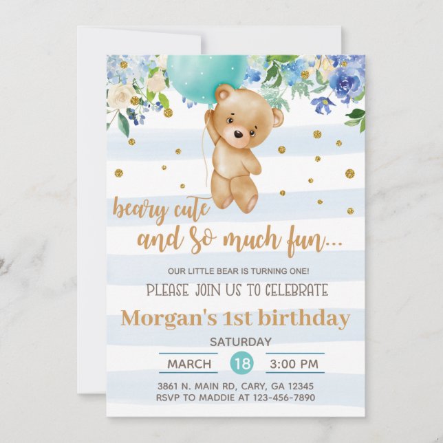 Convites Invitación Beary cute bear balloon boy birthday in (Frente)