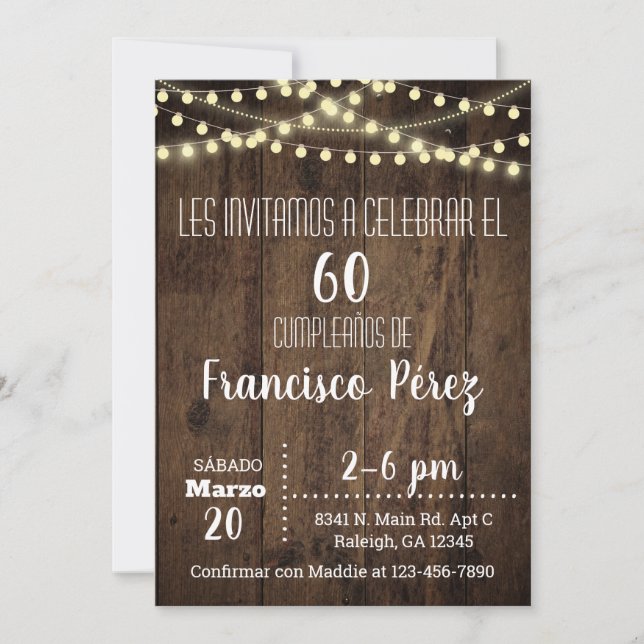 Convites Invitación Birthday invitation, brown wood, lights (Frente)