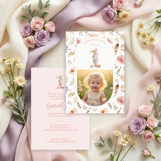Convites Invitación Boho Floral Number 1 Pink First Birthda (Boho Floral Number 1 Pink First Birthday Invitation with Romantic Watercolor Effect Wildflowers.)