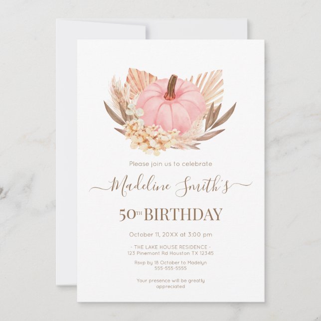 Convites Invitación Boho Pink Pampas Grass Pumpkin Birthday (Frente)