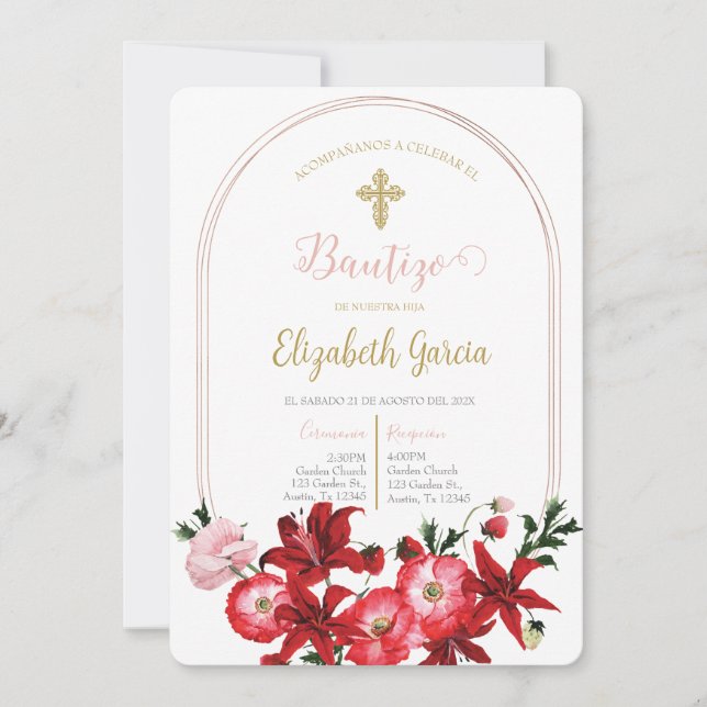 Convites Invitación con flor roja para bautismo (Frente)