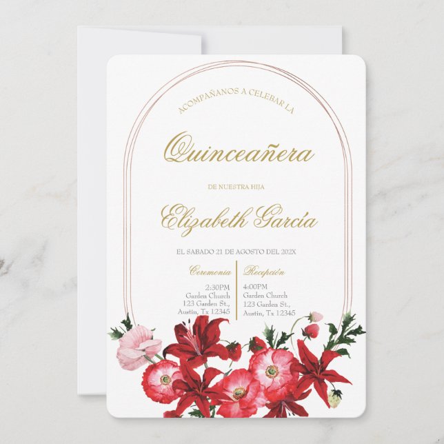 Convites Invitación con flor roja para quinceañera (Frente)