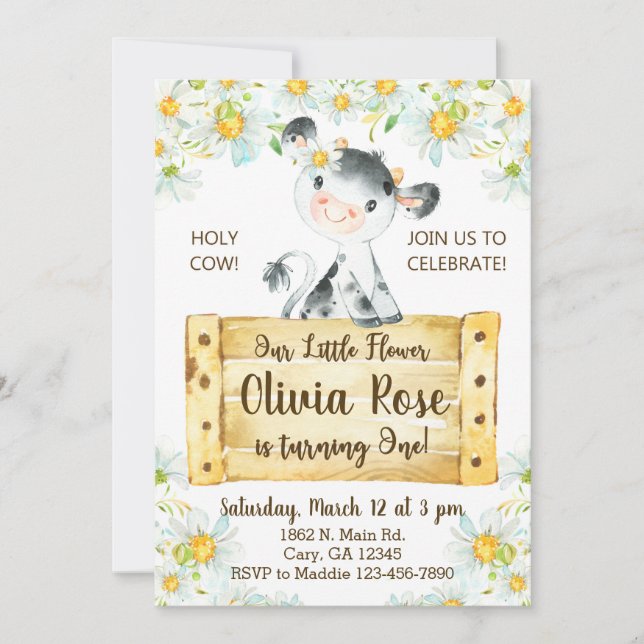 Convites Invitación Cow and daisies girl 1st first birthday (Frente)