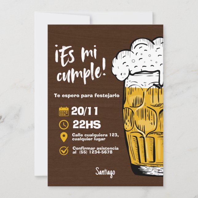 Convites Invitación Cumpleaños de Hombre con Cerveza (Frente)