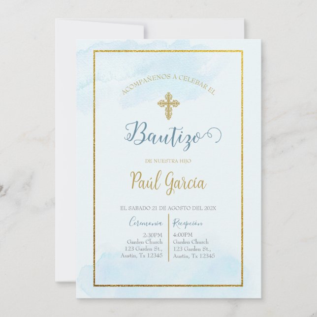 Convites Invitación de bautismo color azul en español (Frente)