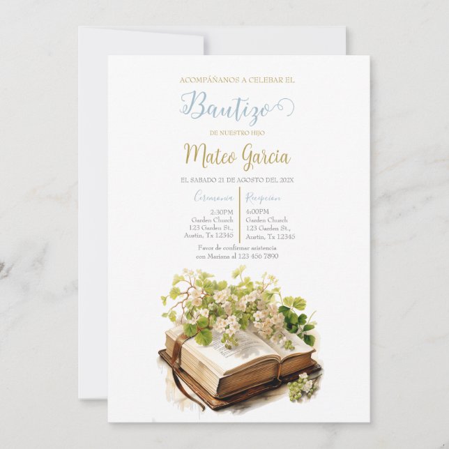 Convites Invitación de bautismo con biblia (Frente)