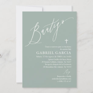 Convites Invitación de bautismo de niño verde salvia