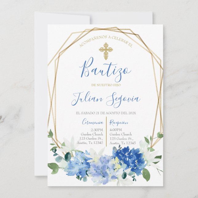 Convites Invitación de bautismo floral azul en español (Frente)