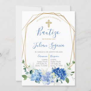 Convites Invitación de bautismo floral azul en español