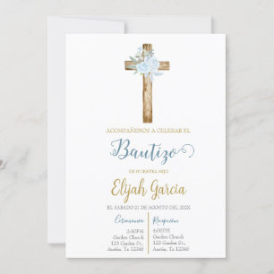 Convites Invitación de bautismo floral azul en español invi