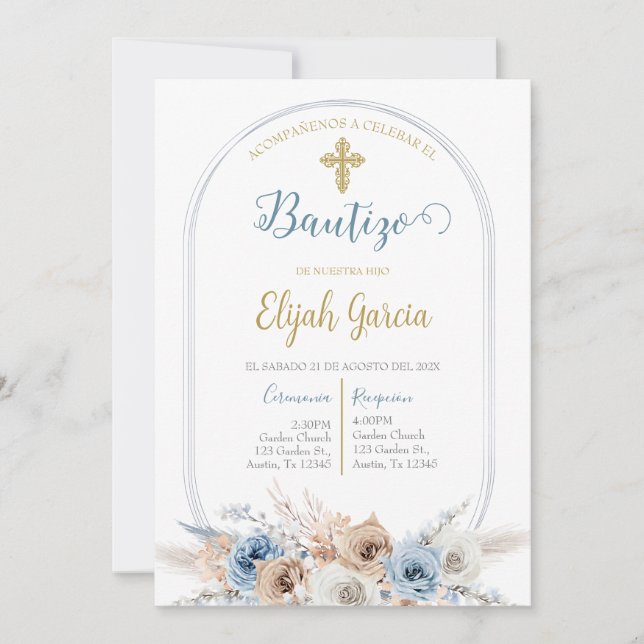 Convites Invitación de bautismo floral azul en español invi (Frente)