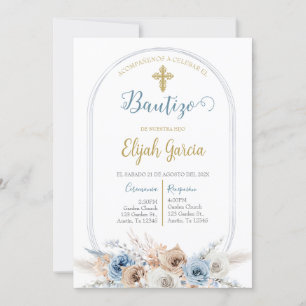 Convites Invitación de bautismo floral azul en español invi