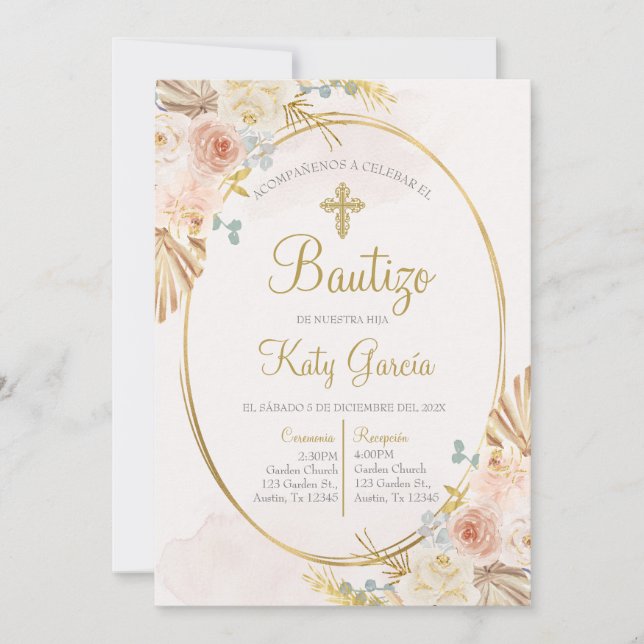 Convites Invitación de bautismo floral boho en español (Frente)