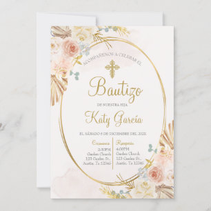 Convites Invitación de bautismo floral boho en español