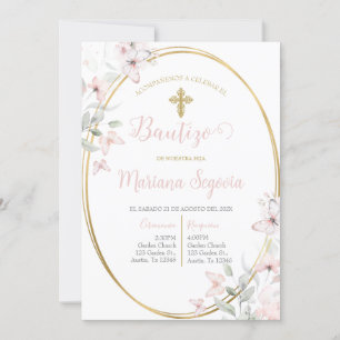 Convites Invitación de bautismo floral rosa en español