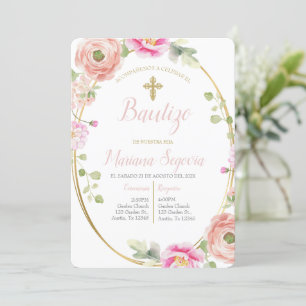 Convites Invitación de bautismo floral rosa en español