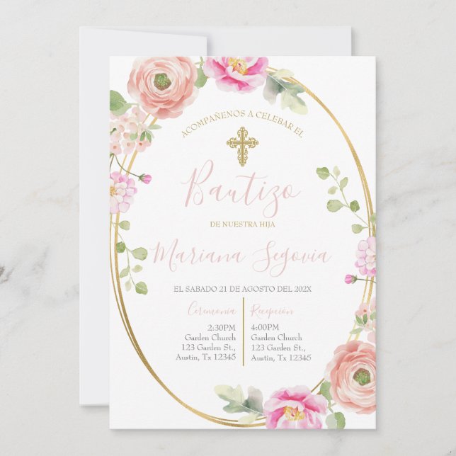 Convites Invitación de bautismo floral rosa en español (Frente)