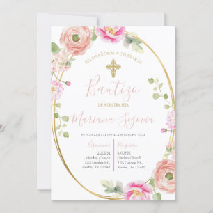 Convites Invitación de bautismo floral rosa en español