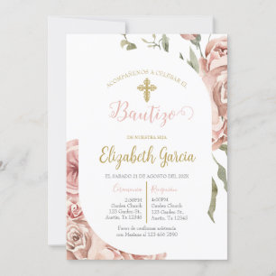 Convites Invitación de bautismo floral rosa en español