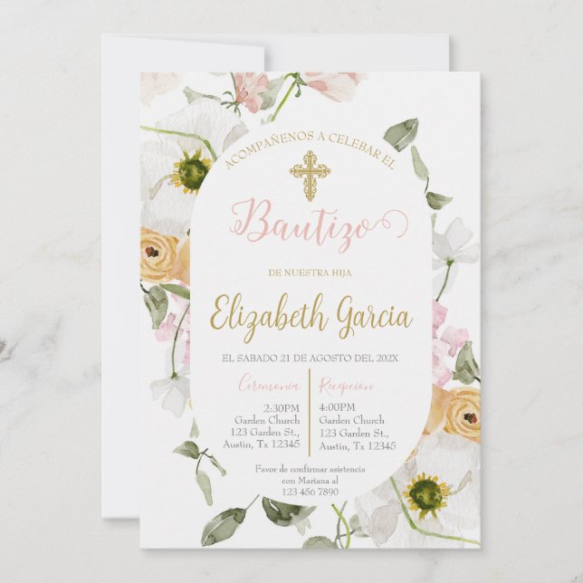 Convites Invitación de bautismo floral rosa en español (Frente)