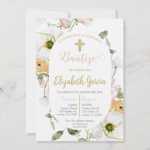 Convites Invitación de bautismo floral rosa en español