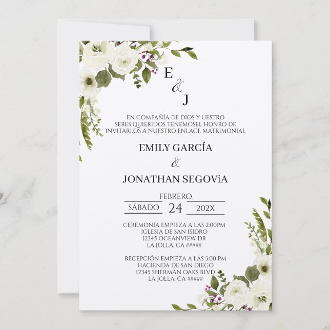Convites invitación de boda con flores blancas  (Frente)