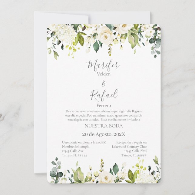 Convites Invitación de boda con hojas verde y rosas blancas (Frente)