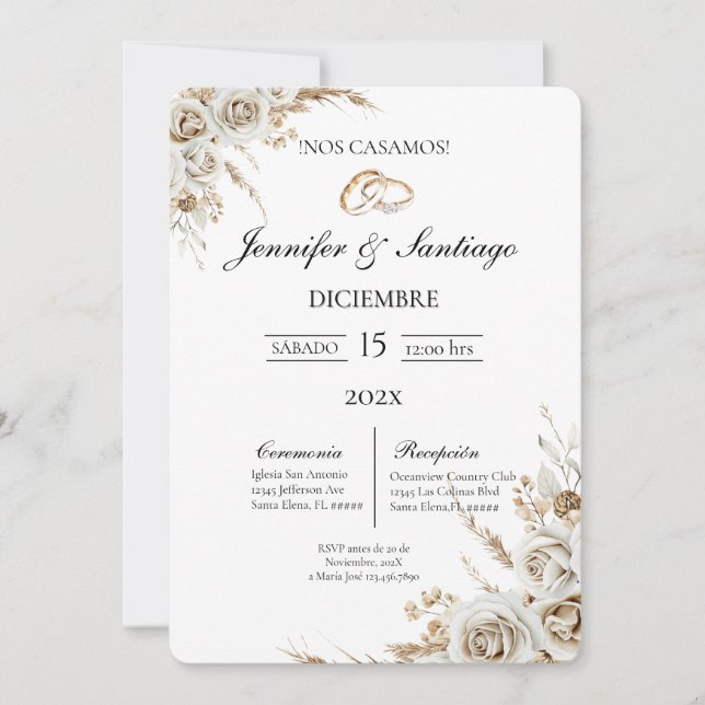 Convites Invitación de boda con ramo y anillo (Frente)