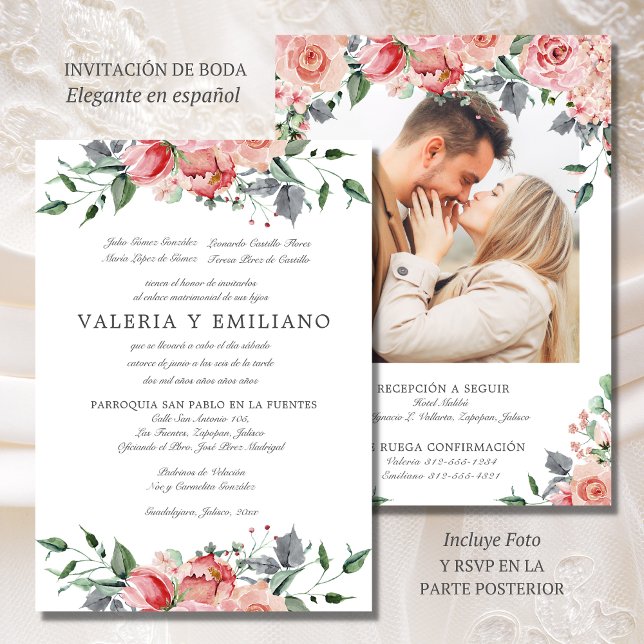 Convites Invitación de Boda Elegante Casamento Espanhol (Elegante invitación de boda en español con foto y RSVP)