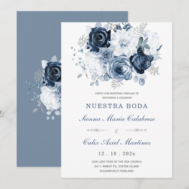 Convites Invitación De Boda Elegante Con Rosas Azules (Frente/Verso)