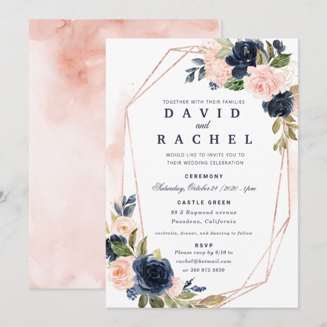 Convites Invitación de boda floral azul marino sonrojado (Frente/Verso)