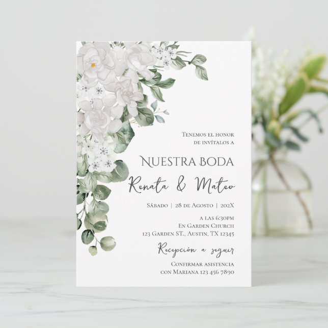 Convites Invitación de Boda Flores Blanca y Verdes  (Em pé/Frente)