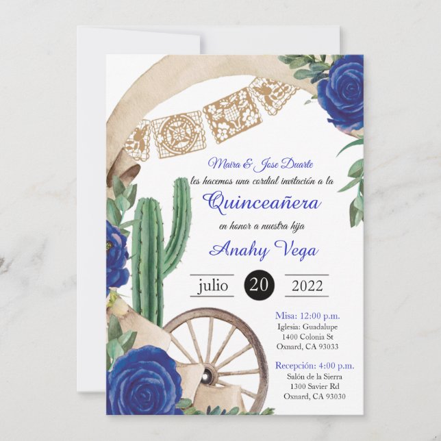 Convites Invitación de Charro Huapango Quinceanera, Azul (Frente)