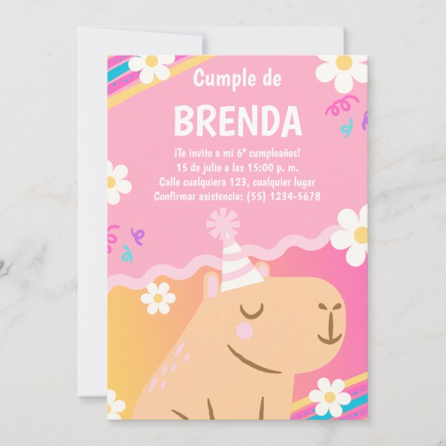 Convites Invitación de Cumpleaños Capibara de Niña Rosa (Frente)