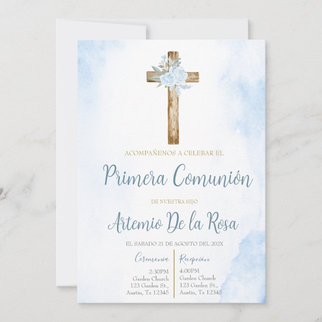 Convites Invitación de primera comunión floral azul (Frente)