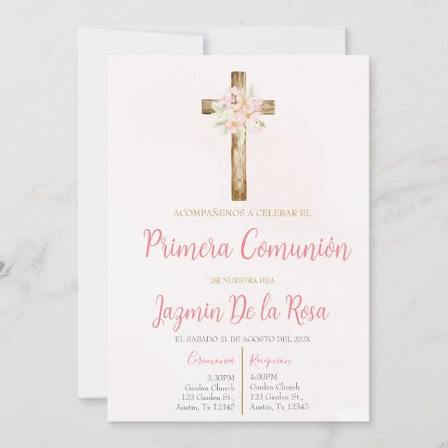 Convites Invitación de primera comunión floral rosa (Frente)
