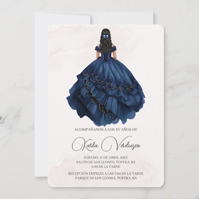 Convites Invitación de quinceañera con vestido azul marino (Frente)