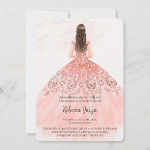 Convites Invitación de quinceañera con vestido cor rosa