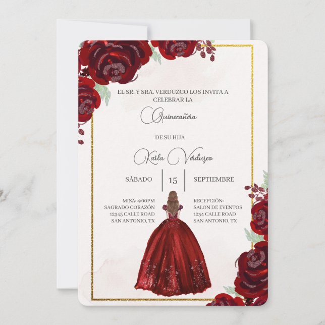 Convites Invitación de quinceañera con vestido rojo (Frente)