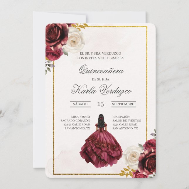 Convites Invitación de quinceañera con vestido rojo (Frente)