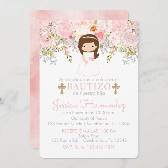 Convites Invitación de Rosas para Bautizo de niña Invitatio (Frente/Verso)