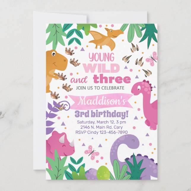 Convites Invitación Dinosaurs girl birthday invitation dino (Frente)