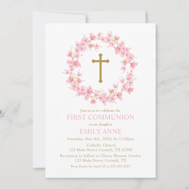 Convites Invitación First Communion Cherry Blossom floral I (Frente)