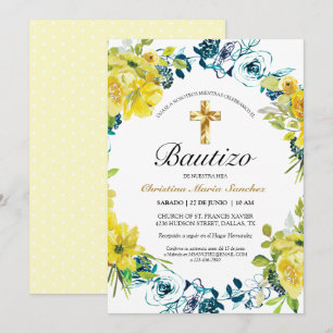 Convites Invitación floral amarilla linda del bautismo