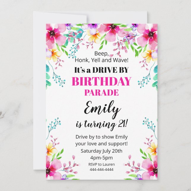 Convites Invitación Floral Birthday Drive By Parade Invitat (Frente)
