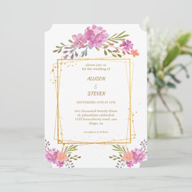 Convites invitación Floral de Rosa con marco geométrico (Em pé/Frente)