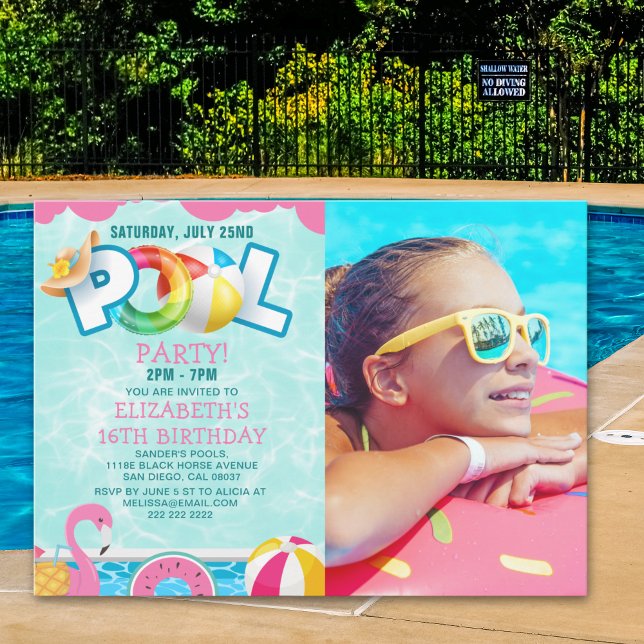 Convites Invitación Girls Pool Party Birthday – Pink & Teal (Criador carregado)