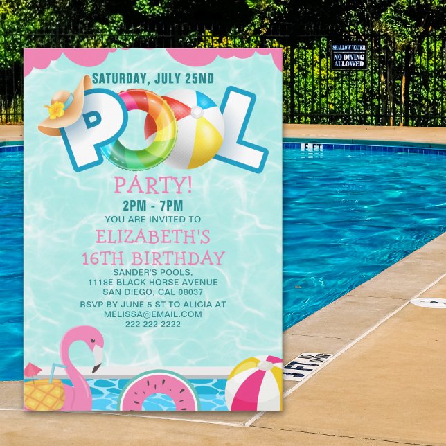 Convites Invitación Girls Pool Party Birthday – Pink & Teal (Criador carregado)
